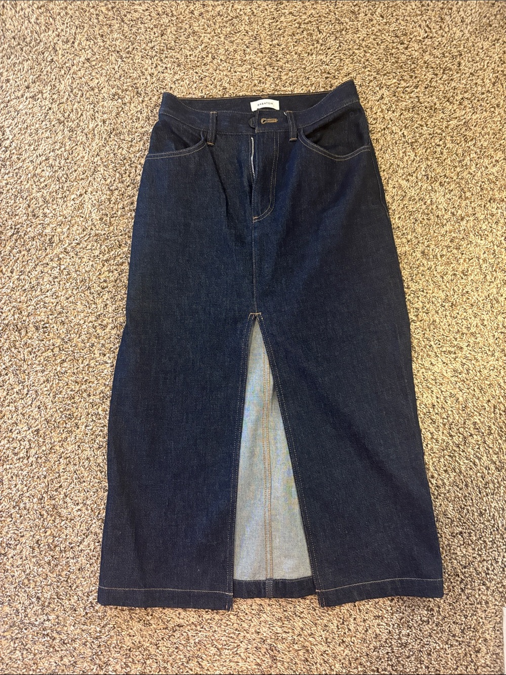 Babaton Dark Blue Straight-Leg Denim Skirt with Front Slit
